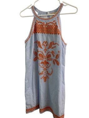 Skies are Blue Light Blue Striped wHalter Dress with Orange Embroidery